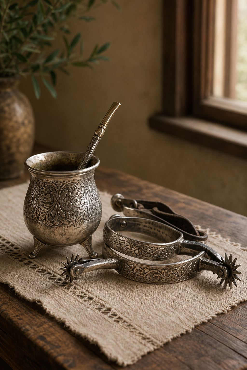 Piezas de platería criolla sobre mesa rústica
